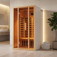 2 Person Extendable FAR Infrared Sauna for Home, Hemlock Wood Low EMF 6 Carbon Heaters Indoor Saunas with LED Lights, Bluetooth Speaker, Digital Control Panel, and Seating Bench — Studio Shot